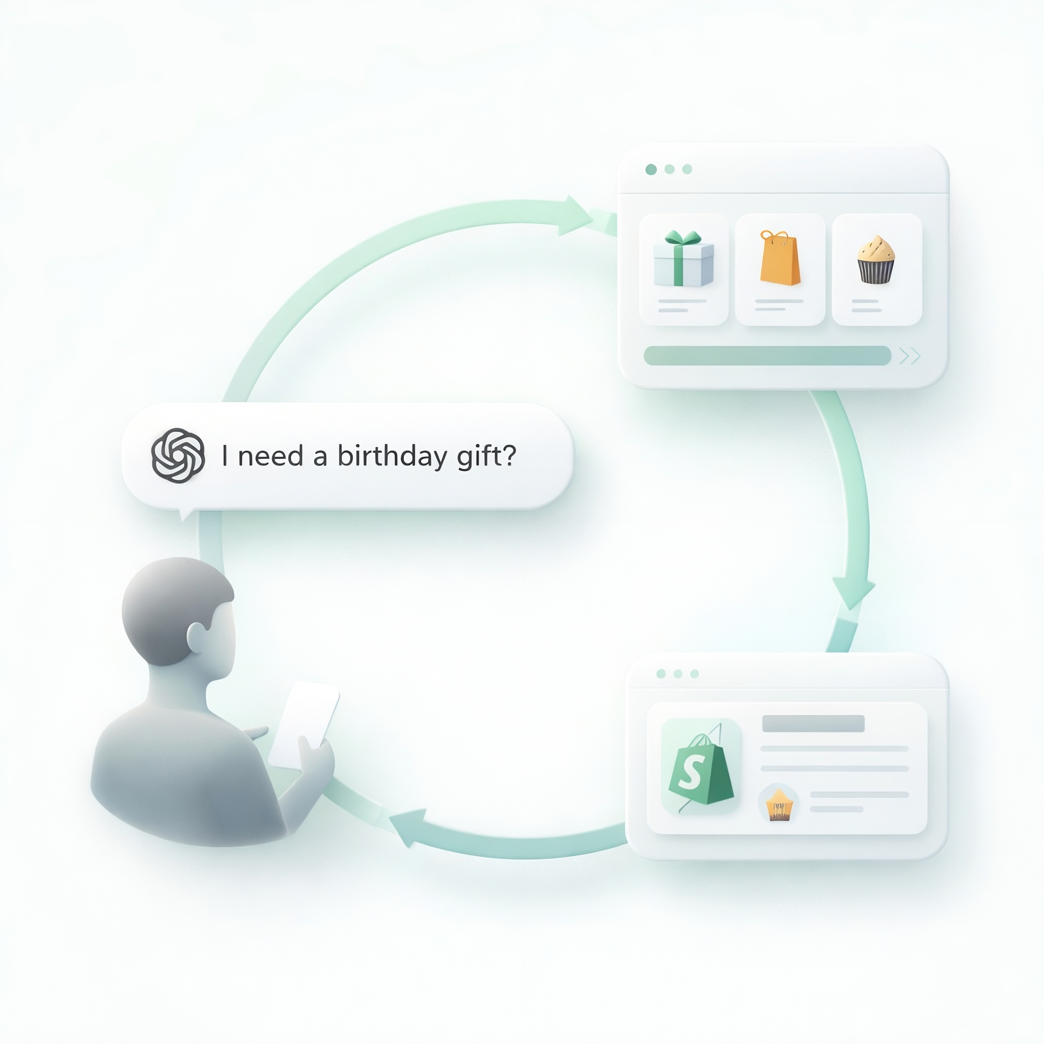 Stylized illustration of a shopper exploring questions across search and AI discovery